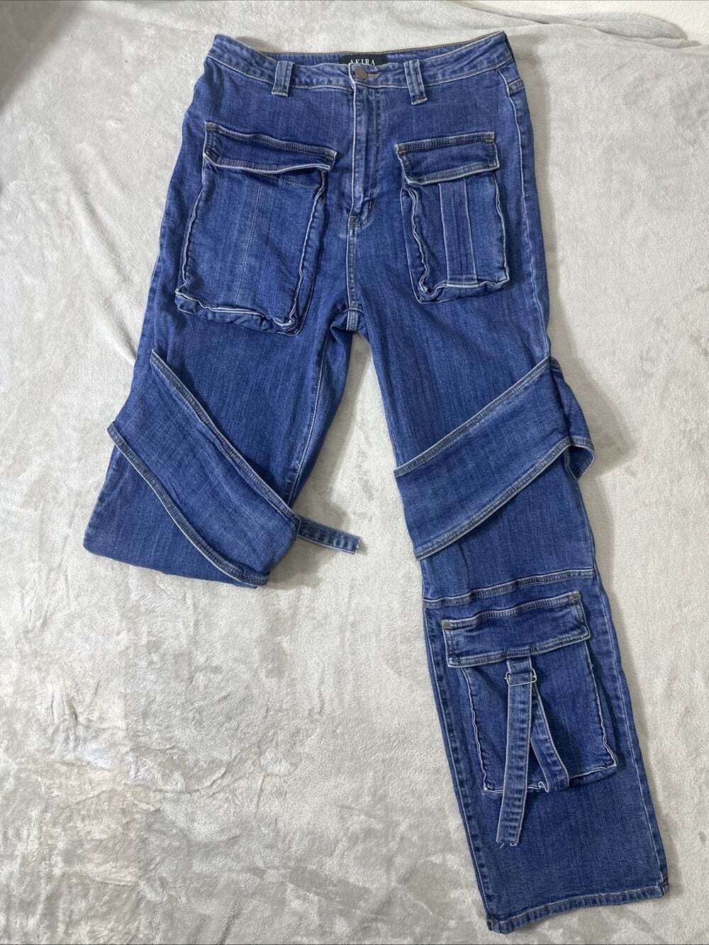 AKIRA Women’s Cargo Utility Jeans Size 13 Blue High Rise Wide Leg Strap Denim